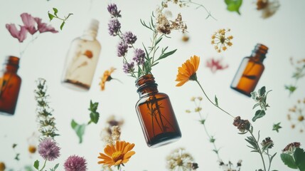 Dynamic shot of a mix of herbal remedies including fresh herbs, tincture bottles, and dried flowers falling gracefully, isolated against a clean white backdrop. The image should 