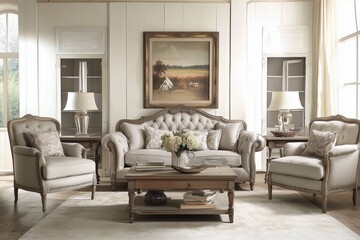 Fototapeta premium A stylish Country French house style living room featuring a beige tufted sofa, two matching armchairs, and a wooden coffee table. The decor includes a landscape painting and elegant lamps.