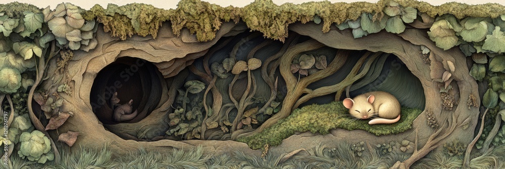 Poster sleepy cat resting in a cozy burrow surrounded by lush greenery and curious forest life during a qui