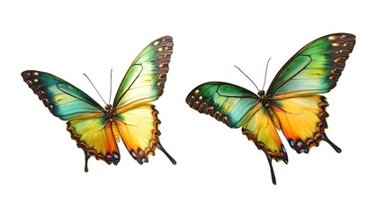 Obraz premium Two vibrant green and yellow butterflies in flight