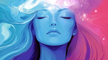 Fototapeta premium Ethereal Portrait of a Serene Woman with Flowing Hair and Cosmic Elements in Vibrant Colors Representing Inner Peace and Spiritual Connection