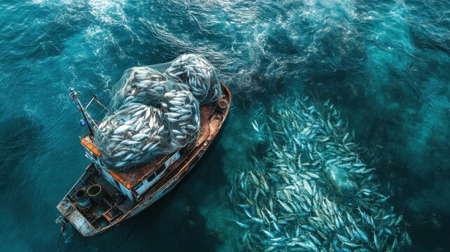 editorial , A fishing boat with large nets full of fish, alongside an empty ocean floor, representing the depletion of fish populations due to overfishing 