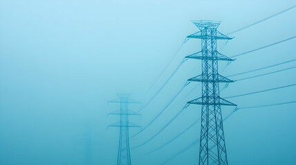 Electricity Pylons in Fog, power lines, power tower, high voltage, energy, transmission lines