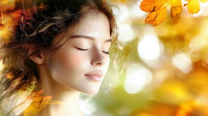 Fototapeta premium Young woman with closed eyes surrounded by autumn leaves, capturing peace and tranquility in a vibrant nature setting with soft lighting and warm colors.