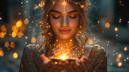 Woman with Lights in Hair Holding Glowing Sparks
