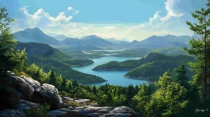 Obraz premium Serene Mountain Lake Landscape Under a Summer Sky