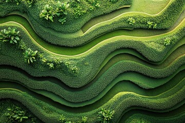 Aerial view of lush green terraced landscape. Ideal for eco-friendly, nature, or gardening concepts.