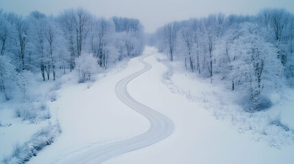 Fototapeta premium Winding Snow Covered Road Through Winter Forest, trees, path, curve, landscape, nature