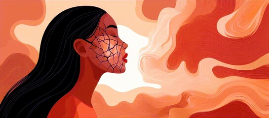 Abstract representation of a woman with cracked face skin surrounded by vibrant orange and red swirling patterns, symbolizing emotions and inner struggles.