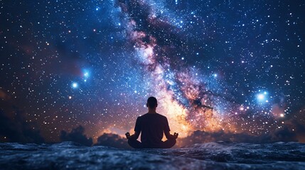 Obraz premium Meditator surrounded by spiritual symbols and balanced energies with the Milky Way behind