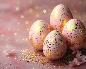 Golden Easter eggs with elegant patterns on a pink and gold background for festive promotions.