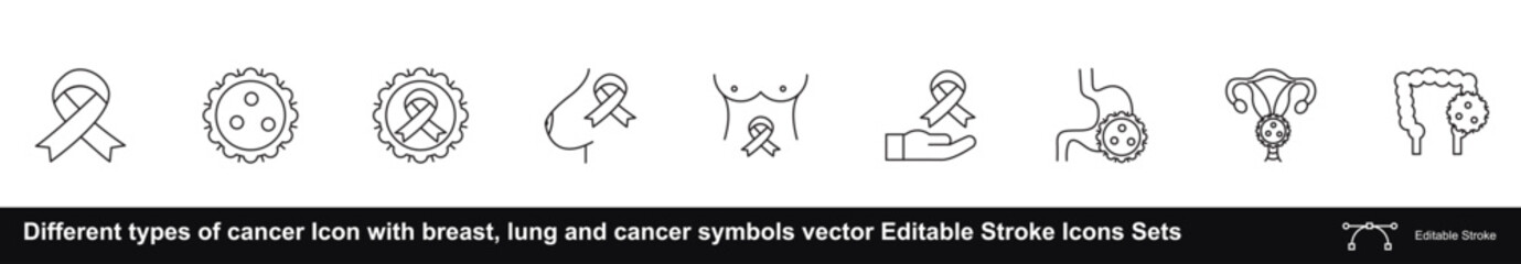Different types of cancer Icon with breast, lung and cancer symbols vector Editable Stroke Icons Sets