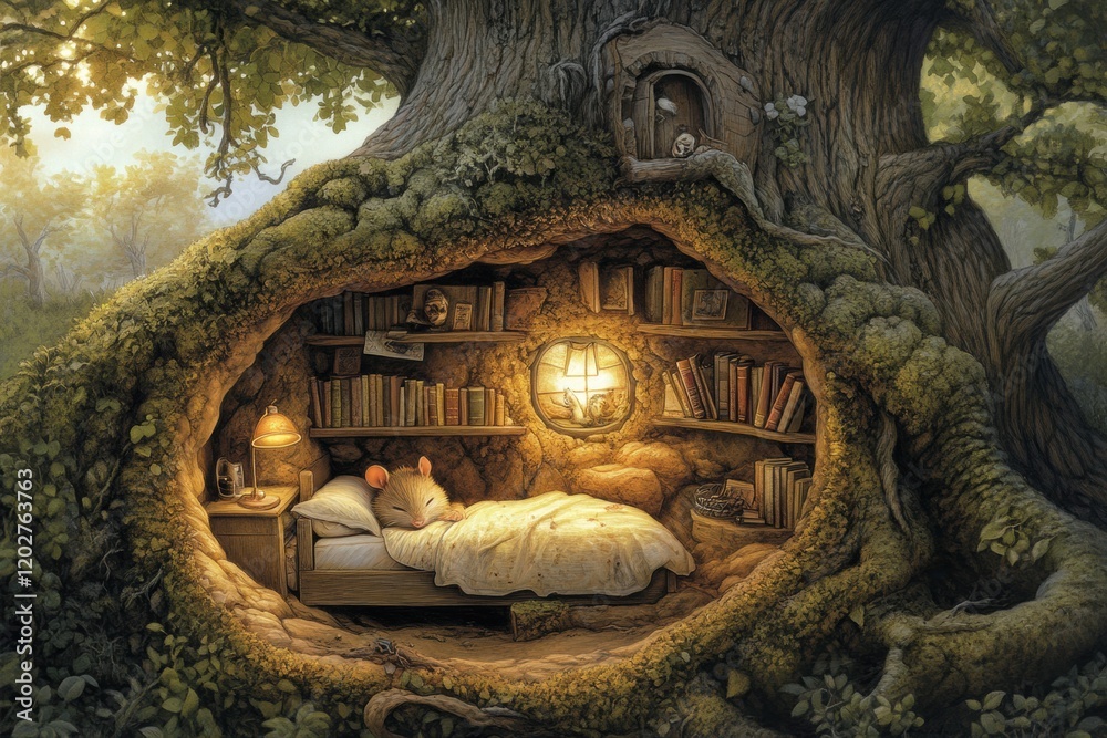 Poster cozy tree hollow bedroom with books and warm lighting in a serene forest setting at twilight. genera