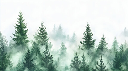 Obraz premium Misty Evergreen Forest Watercolor Painting, illustration, art, nature, trees, pine