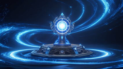 Portal Light Effect: Bright Blue Swirl and Glowing Teleport Podium on Dark Background &ndash; Fantasy Game Magic Gate Design, Vector EPS 10