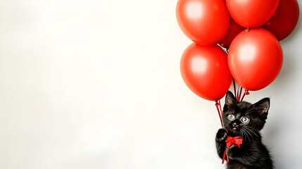 Cute Black Kitten with Red Balloons, cat, black cat, party, celebration, birthday