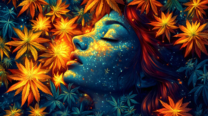 Celestial Cannabis Dreamscape Woman Surrounded by Vibrant Marijuana Leaves, face, portrait, plants, psychedelic, surreal