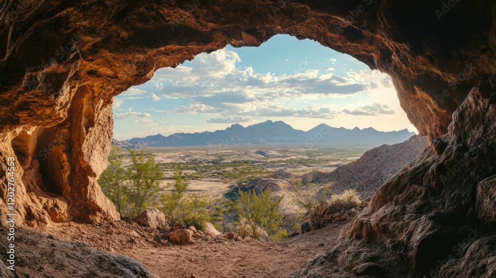 Canvas Prints view from a cave looking out over a desert landscape with mountains in the distance