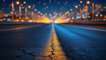 At night, an asphalt road leads into the city. background with a selective focus