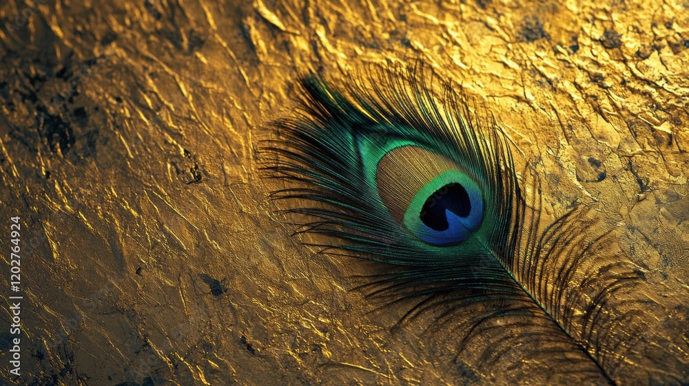 Leinwandbilder Vivid peacock feather resting on textured golden surface with intricate patterns and colors showcased beautifully. Generative AI