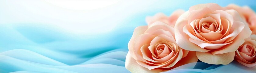 Soft Peach Roses on Gentle Blue Background with Dreamy Light Effect for Elegant Design or Romantic Themes in Photography and Artwork Projects