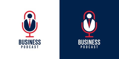Podcast talk business logo design with microphone icon symbol and people vector illustration template. Vector logo design template of podcast, business, consulting, microphone, people, social.