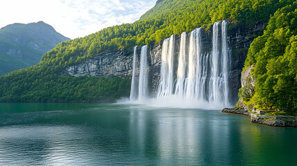 Majestic Waterfall cascading into a serene Fjord, mountains, nature, landscape, green, trees