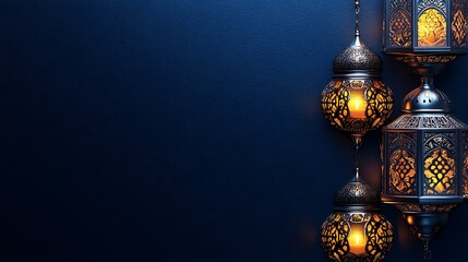 Obraz premium Illuminated Metal Lanterns Hanging Against Dark Blue Background
