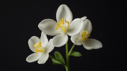 Obraz premium Three white flowers with yellow centers on a dark background.