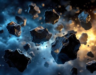 A captivating 3D image of floating asteroids in space with glowing details and cosmic backdrop.
