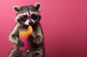 Raccoon in pink sunglasses holding orange juice, standing on hind legs in whimsical digital illustration on solid pink background.