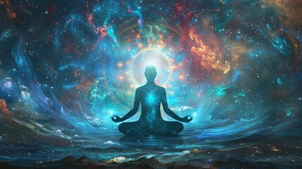 Obraz premium Meditating character with spiritual symbols and balanced energies in a cosmic setting