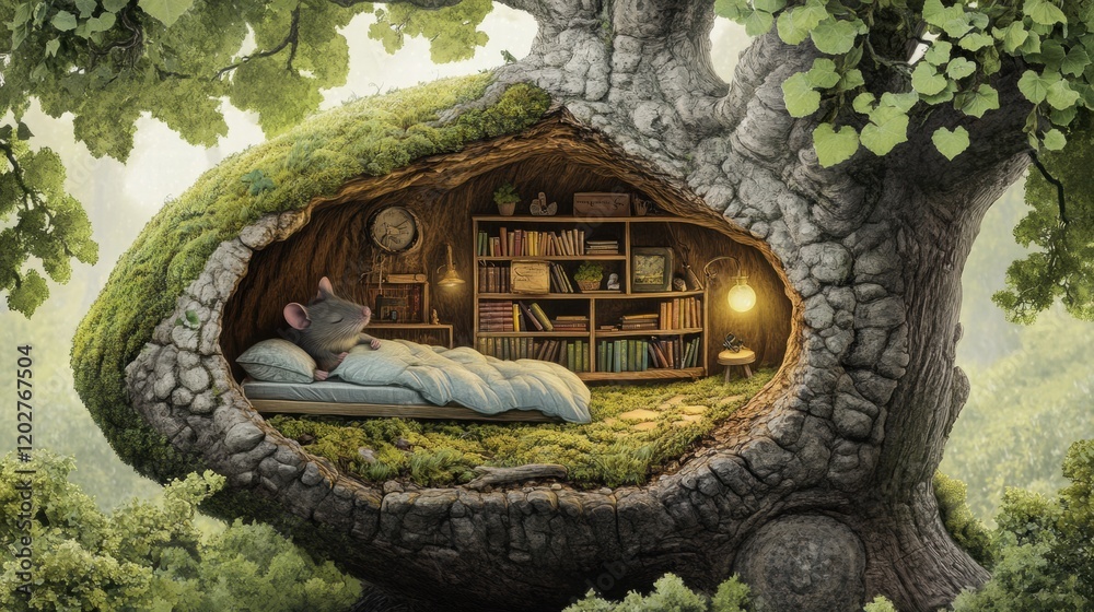 Poster cozy mouse nest within a tree surrounded by lush greenery and charming book collection. generative a