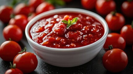 Bowl of homemade tomato sauce with fresh cherry tomatoes.