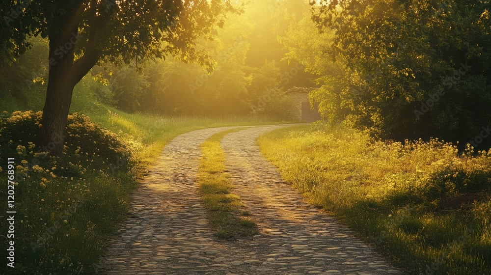 Aufkleber Sunlight filtering through trees along a pathway in a serene countryside landscape during golden hour. Generative AI