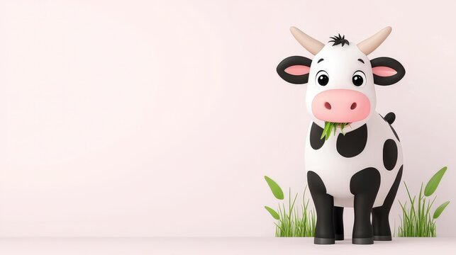 Cute Cartoon Cow Character with Grass on Pink Background for Fun and Playful Themes
