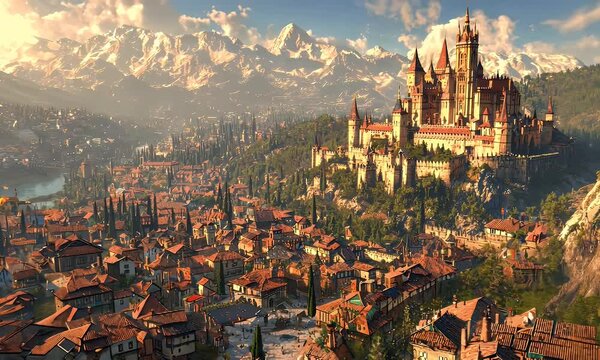 Majestic castle overlooking medieval town, mountain backdrop, sunrise. Fantasy setting, ideal for game design