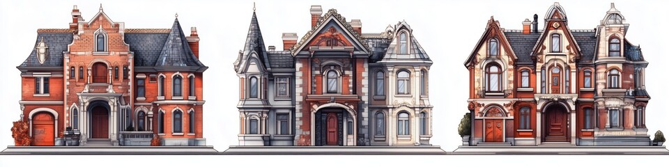 A collection of three elegant Victorian-style Victorian house style icons, showcasing intricate architectural details, brick facades, and ornate features. Each house has unique design elements.