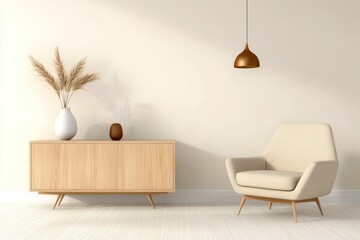 Contemporary Living Room with Wood Cabinet and Armchair - 3D Rendered Home Design