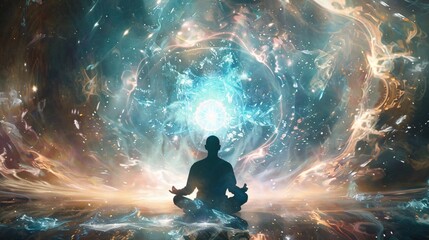 Obraz premium Meditator surrounded by balanced masculine and feminine energies depicted with light and energy
