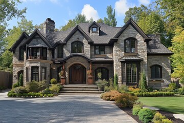 A stunning luxury Victorian house style featuring a mix of stone and wood architecture, surrounded by lush greenery and well-maintained landscaping. The house has multiple gables, large windows.