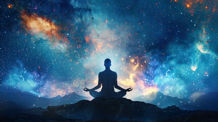 Bohemian-style meditation with spiritual balance and energy fields in a cosmic backdrop