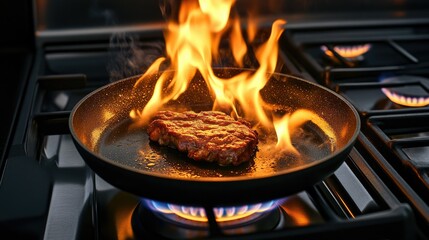 A frying pan on a gas stove, flames burning brightly beneath, with a piece of meat sizzling inside the pan.