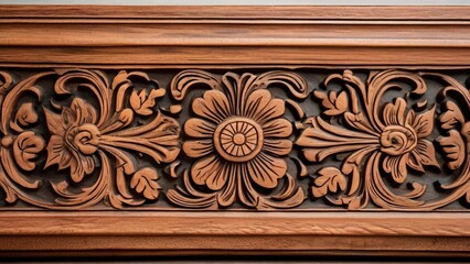 Intricate floral wood carving detail, home decor, Asian style, background texture