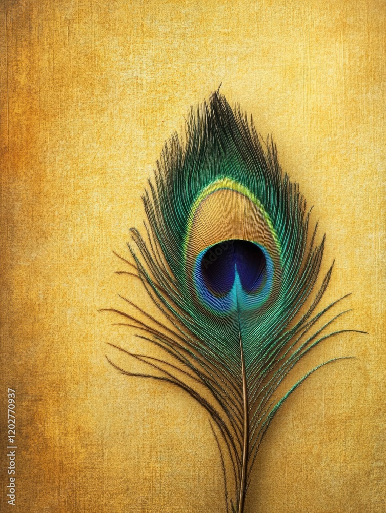 Poster captivating beauty of a peacock feather resting on a textured golden background with intricate detai