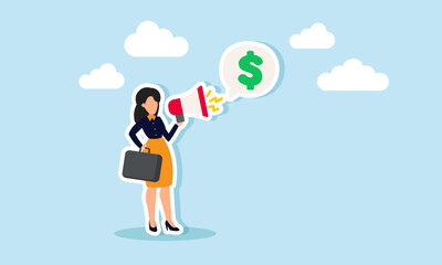 A businesswoman speaking loudly with a megaphone, creating a dialogue labeled with a dollar sign, illustration of promotion, education, or awareness about proper business financial management