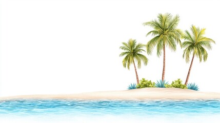 Fototapeta premium Tropical Beach Scene with Lush Palm Trees Next to Calm Blue Water and Soft Sand Under Bright Sunny Sky