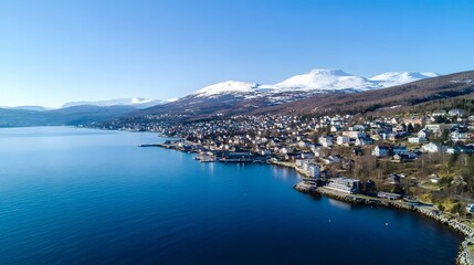 Naklejka premium Coastal Town Nestled Amongst Snow Capped Mountains