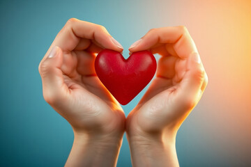 Obraz premium Hands holding a heart symbol on a blue background.