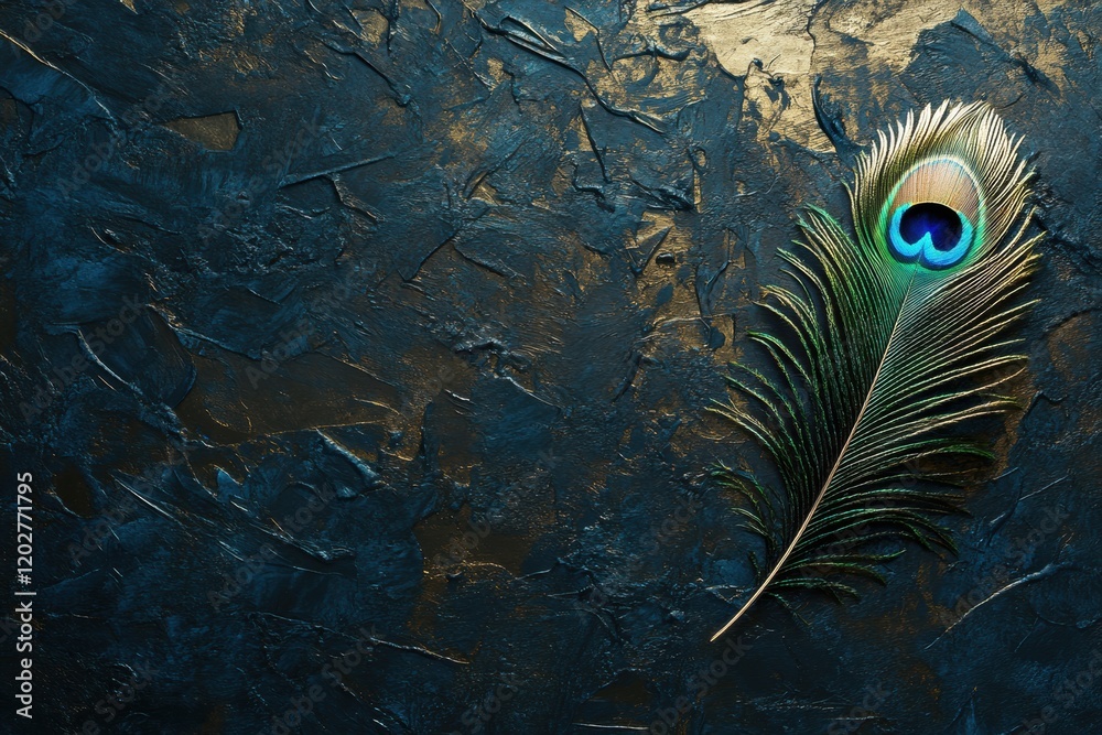 Fototapete captivating peacock feather displaying vibrant colors on a textured dark background. generative ai